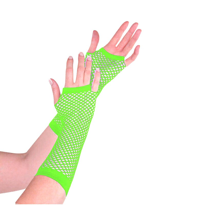 Ladies Girls Neon Long Fingerless Fishnet Lace Gloves Long Gloves - Green