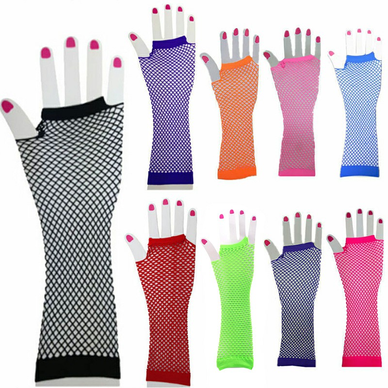 Ladies Girls Neon Long Fingerless Fishnet Lace Gloves Long Gloves - Green
