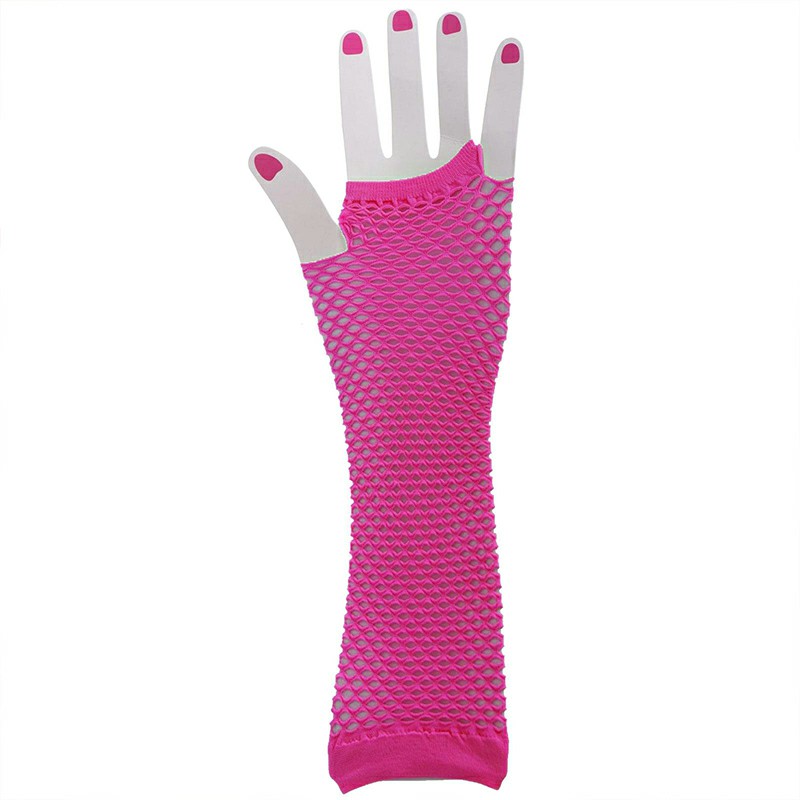 Ladies Girls Neon Long Fingerless Fishnet Lace Gloves Long Gloves - Hot Pink