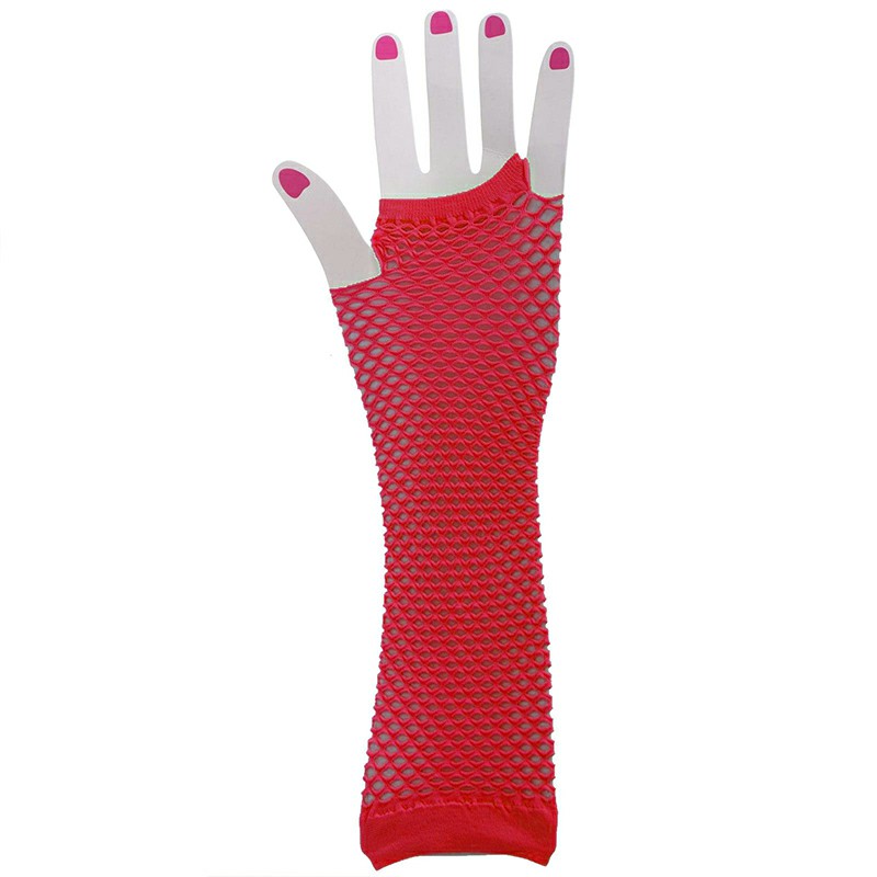 Ladies Girls Neon Long Fingerless Fishnet Lace Gloves Long Gloves - Red