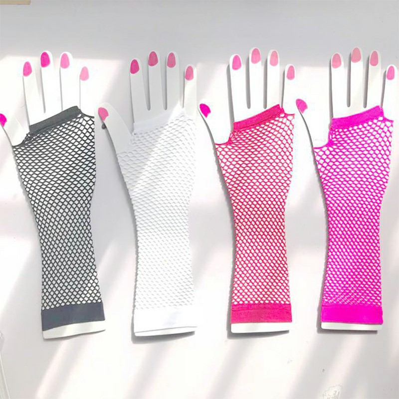 Ladies Girls Neon Long Fingerless Fishnet Lace Gloves Long Gloves - Red