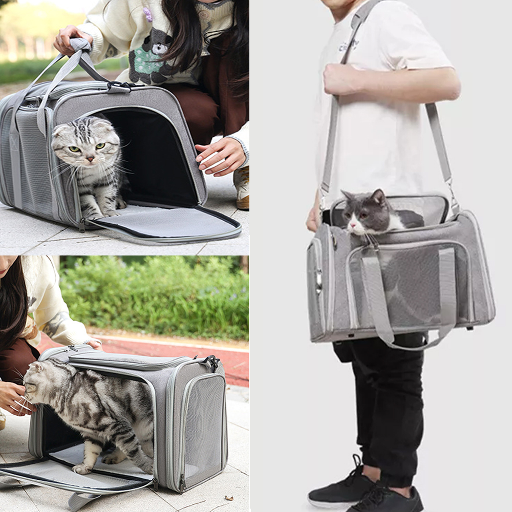 Large Pet Carrier Bag Soft Fabric Fold Portable Travel Puppy Cat Bag - Grey