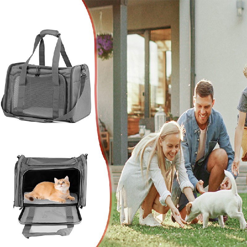 Large Pet Carrier Bag Soft Fabric Fold Portable Travel Puppy Cat Bag - Grey