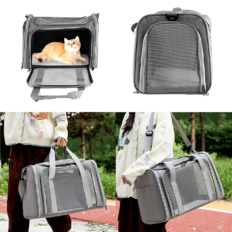 Large Pet Carrier Bag Soft Fabric Fold Portable Travel Puppy Cat Bag - Grey
