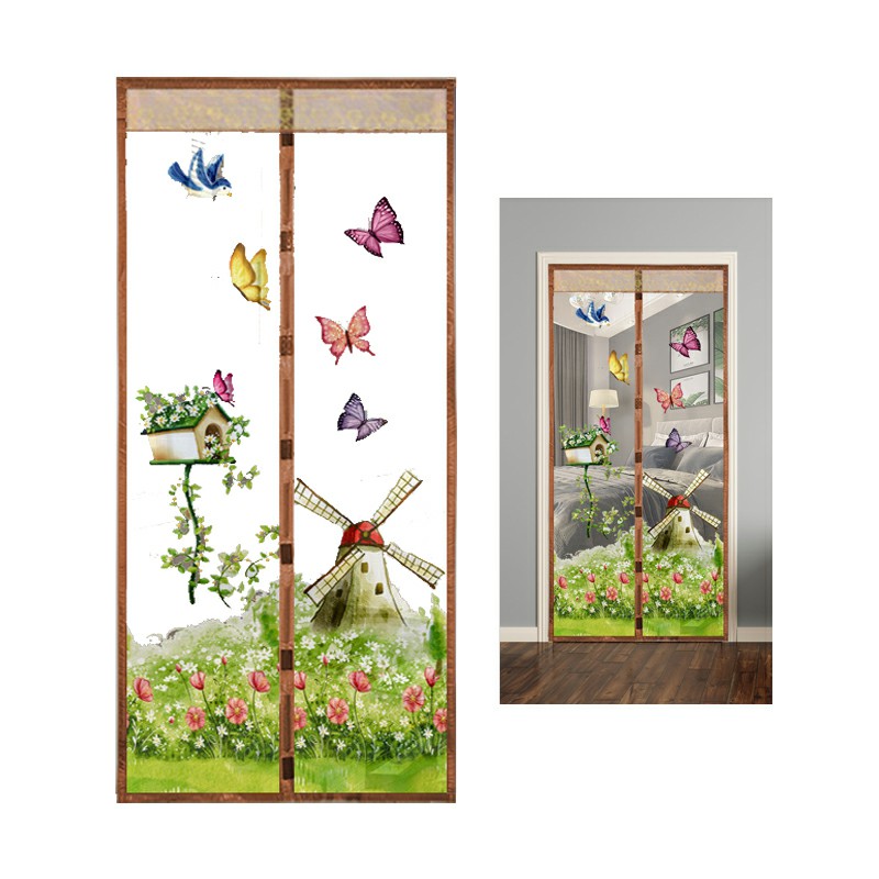 Magic Door Curtain Mesh Magnetic Fastening Hands Free Insect Fly Screen - Coffee Windmill