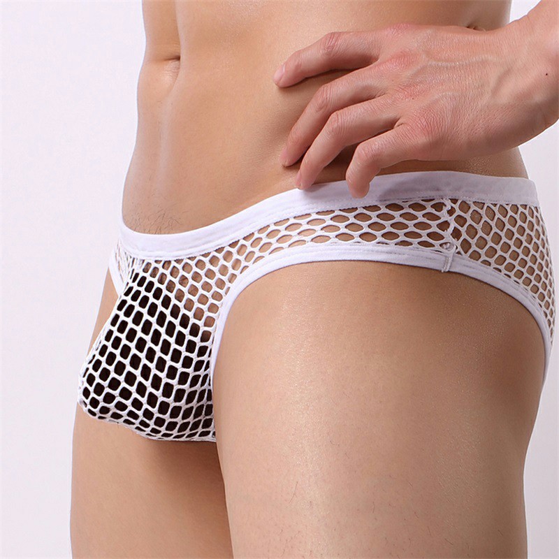 Mens Fishnet Elastic String Tanga See Through Mesh Briefs Underwear, White 2XL