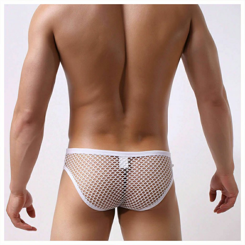 Mens Fishnet Elastic String Tanga See Through Mesh Briefs Underwear, White 2XL
