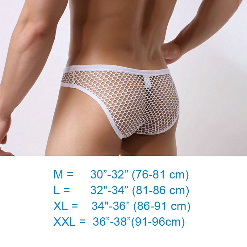 Mens Fishnet Elastic String Tanga See Through Mesh Briefs Underwear, White 2XL