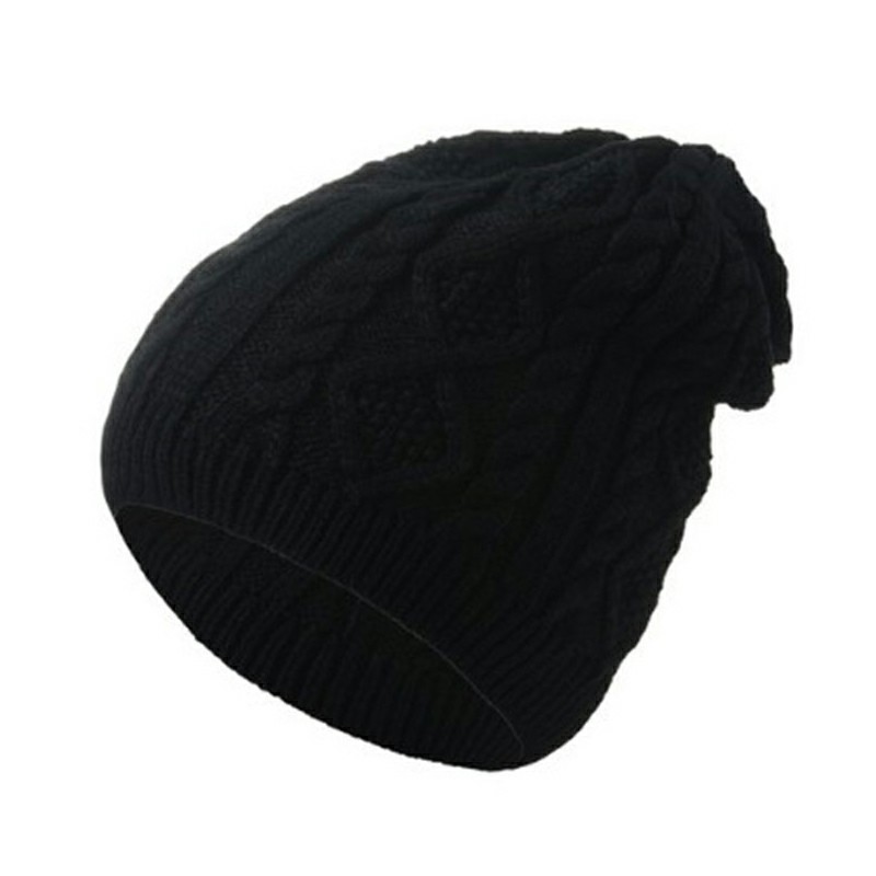 Mens Ladies Knitted Woolly Winter Oversized Slouch Beanie Hat Cap Skateboard - Black