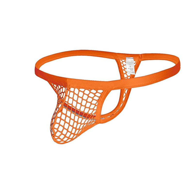 Mens Mini Fishnet G-String Thong T-Back - Orange 2XL