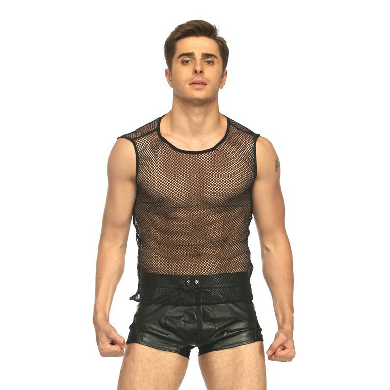 Mens Tank Top Mesh Fishnet String Vest Perspective Hollow Undershirt - XL