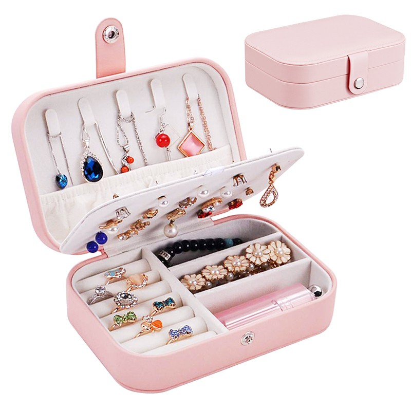 Mini Small Jewelry Organizer Display Storage Case for Women Earrings Rings Leather Box Organiser - Pink