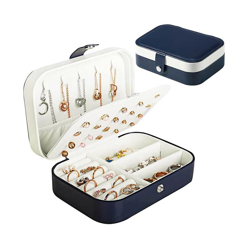 Mini Small Organizer Portable Display Storage Case for Women Earrings Rings Leather Jewelry Box - Navy