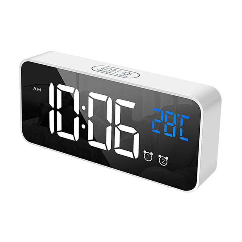 Mirror LED USB Charging Digital Clock with Dual Alarms Temperature Display - White
