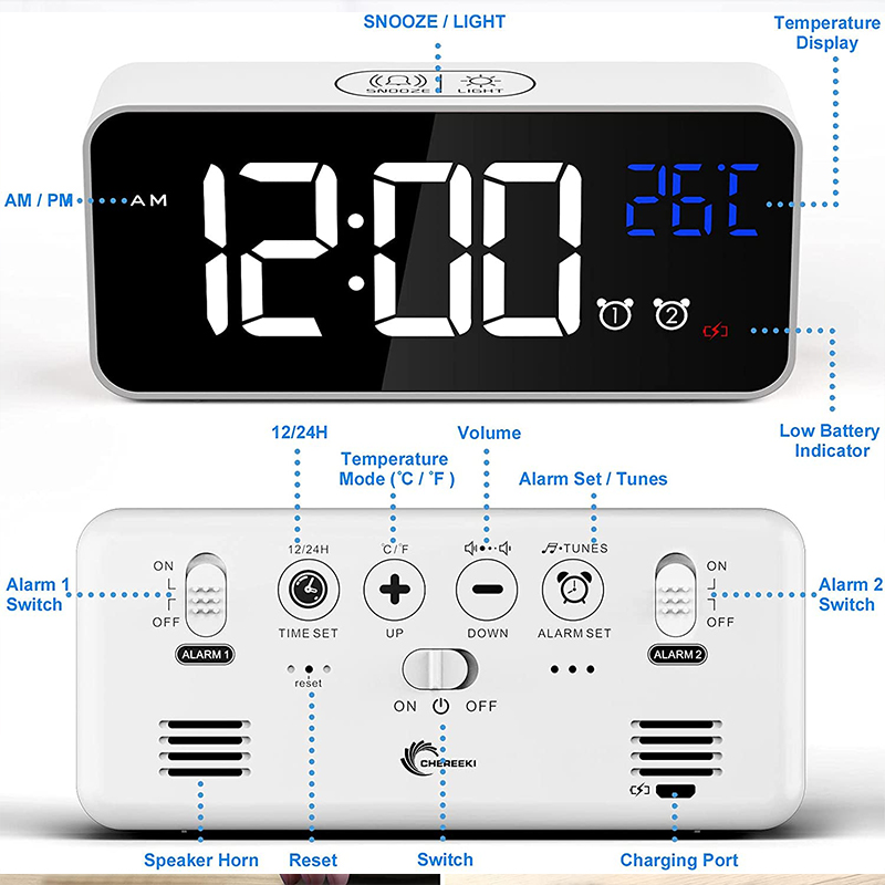 Mirror LED USB Charging Digital Clock with Dual Alarms Temperature Display - White