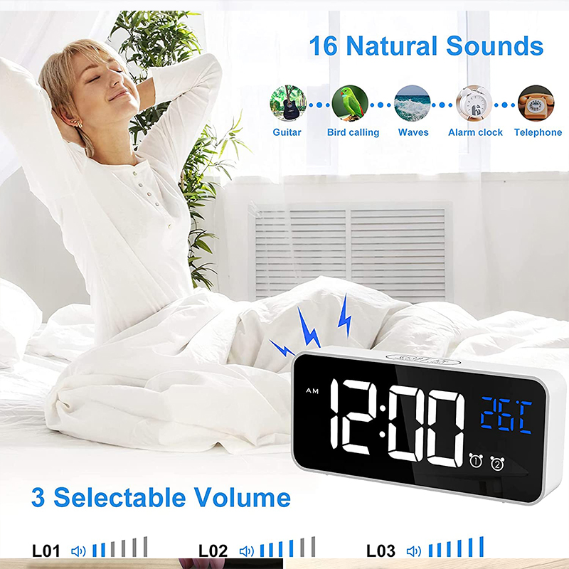 Mirror LED USB Charging Digital Clock with Dual Alarms Temperature Display - White