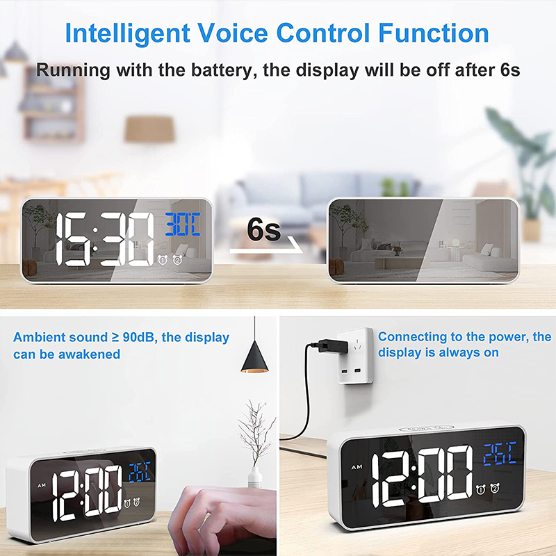 Mirror LED USB Charging Digital Clock with Dual Alarms Temperature Display - White