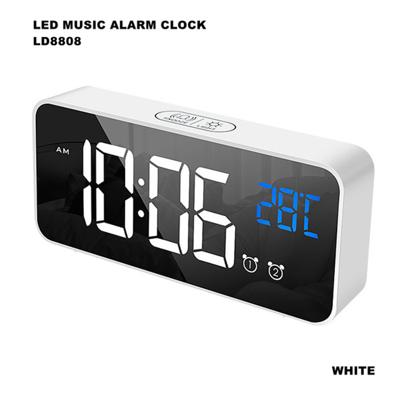 Mirror LED USB Charging Digital Clock with Dual Alarms Temperature Display - White