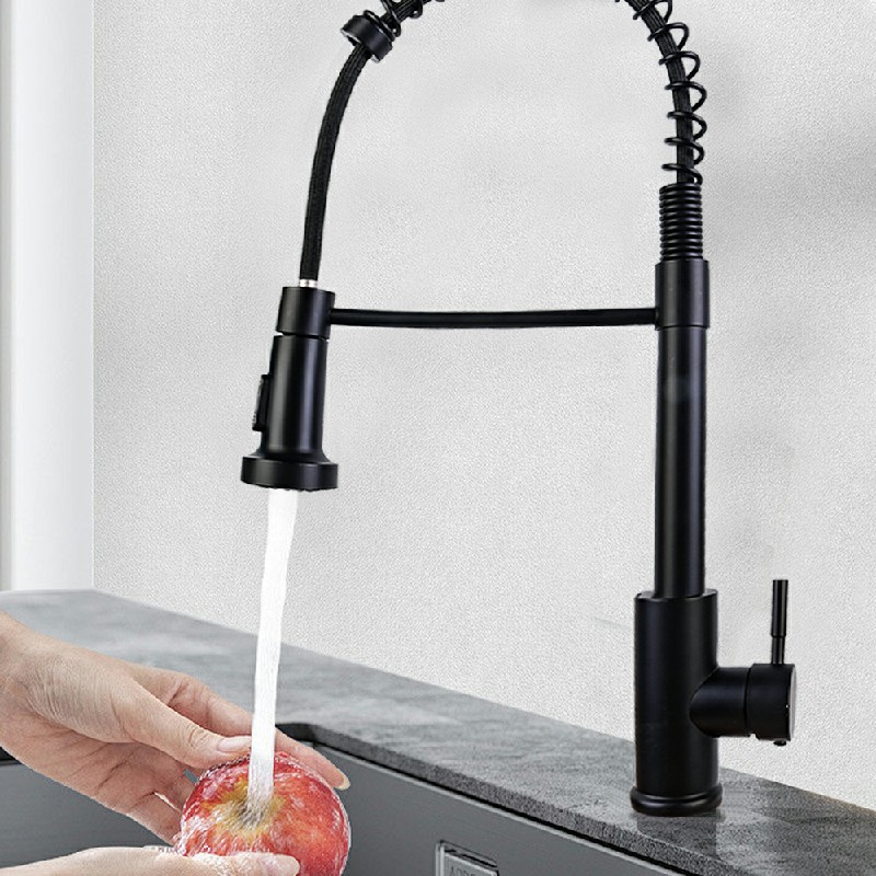 Monobloc Kitchen Sink Mixer Tap with Pull Out Hose Sprayer Single Lever - Black