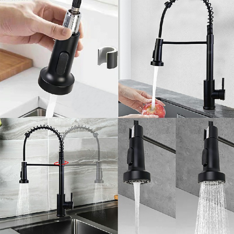 Monobloc Kitchen Sink Mixer Tap with Pull Out Hose Sprayer Single Lever - Black