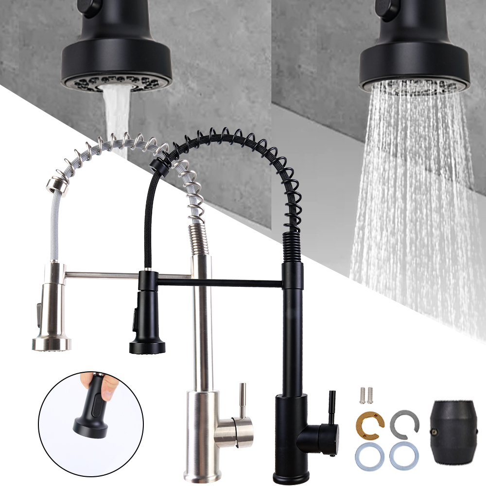 Monobloc Kitchen Sink Mixer Tap with Pull Out Hose Sprayer Single Lever - Silver