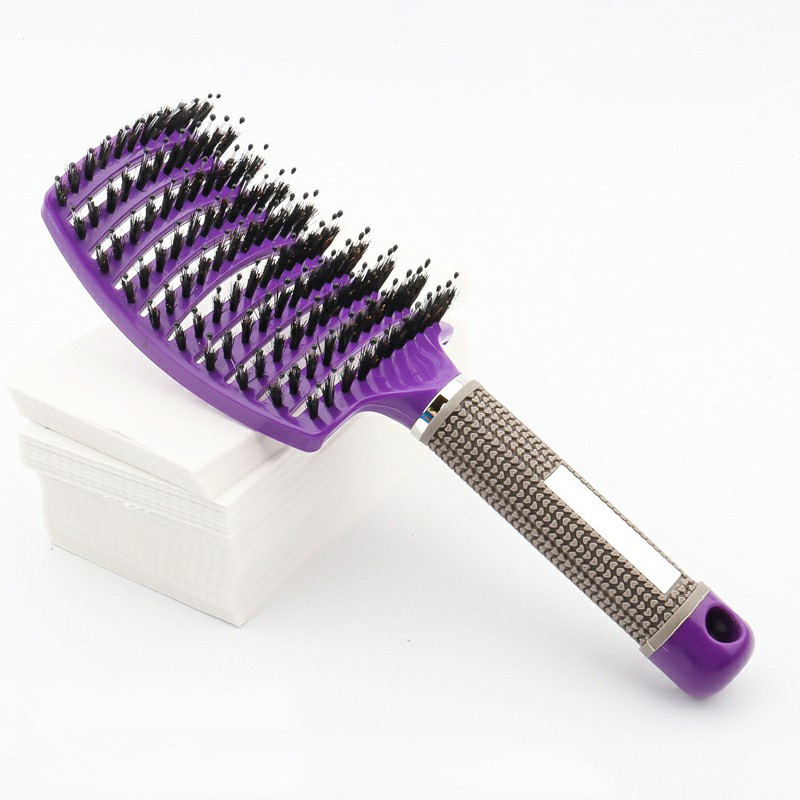 Natural Boar Bristle Detangling Nylon Brush Large Curved Curly Hair Styler - Purple