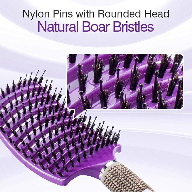 Natural Boar Bristle Detangling Nylon Brush Large Curved Curly Hair Styler - Purple