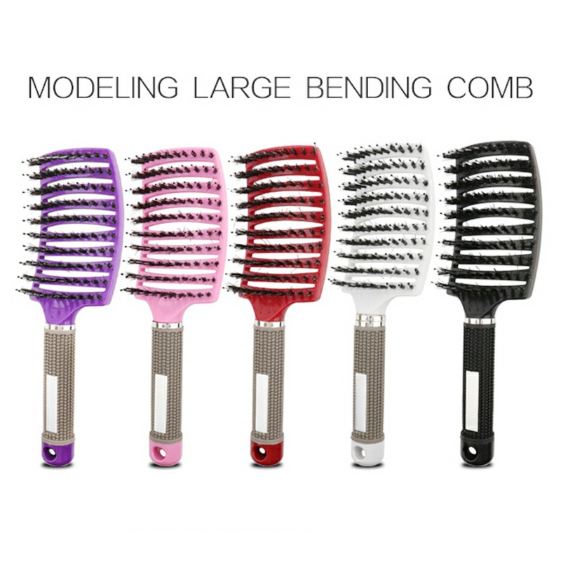 Natural Boar Bristle Detangling Nylon Brush Large Curved Curly Hair Styler - Purple
