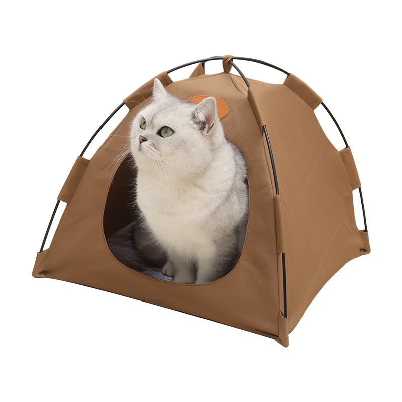 Pet Tent Cat Puppy Play Tent House with Warm Soft Bed Pad - Coffee