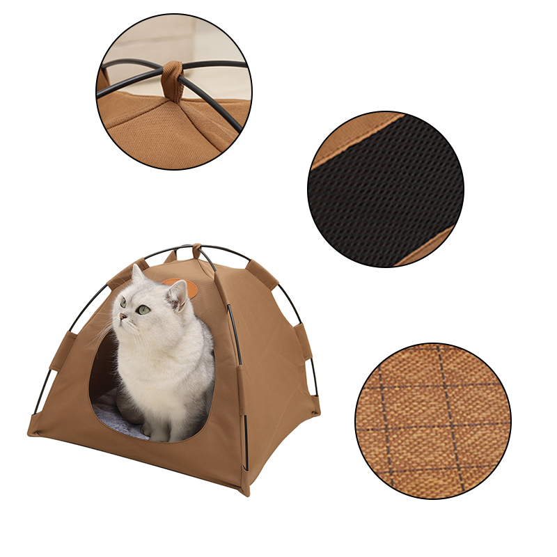 Pet Tent Cat Puppy Play Tent House with Warm Soft Bed Pad - Coffee