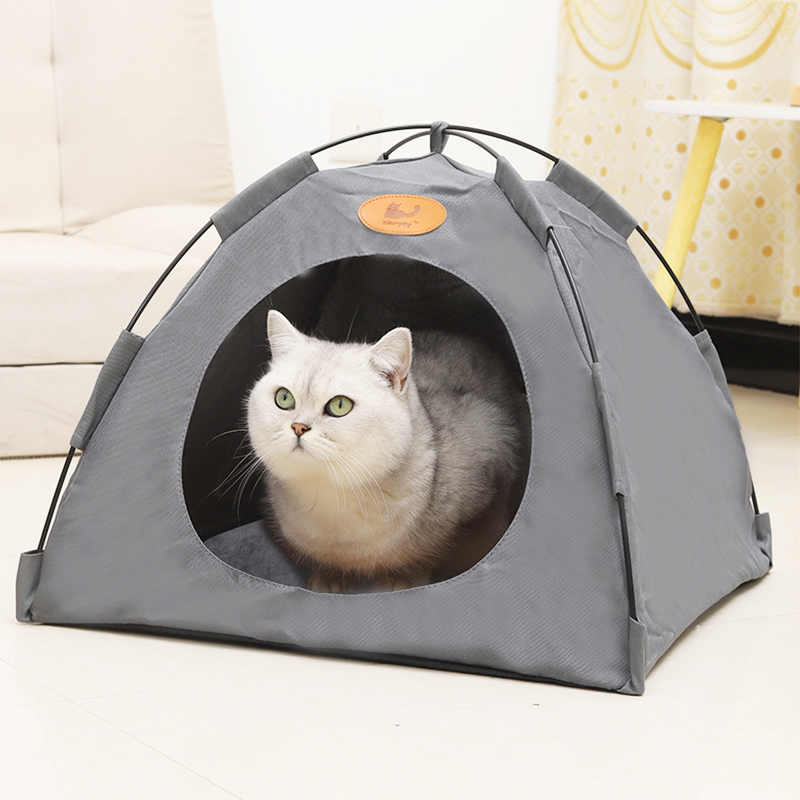 Pet Tent Cat Puppy Play Tent House with Warm Soft Bed Pad - Grey