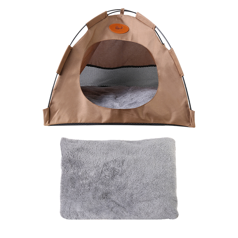Pet Tent Cat Puppy Play Tent House with Warm Soft Bed Pad - Grey