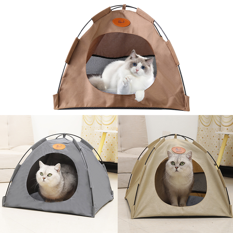 Pet Tent Cat Puppy Play Tent House with Warm Soft Bed Pad - Grey