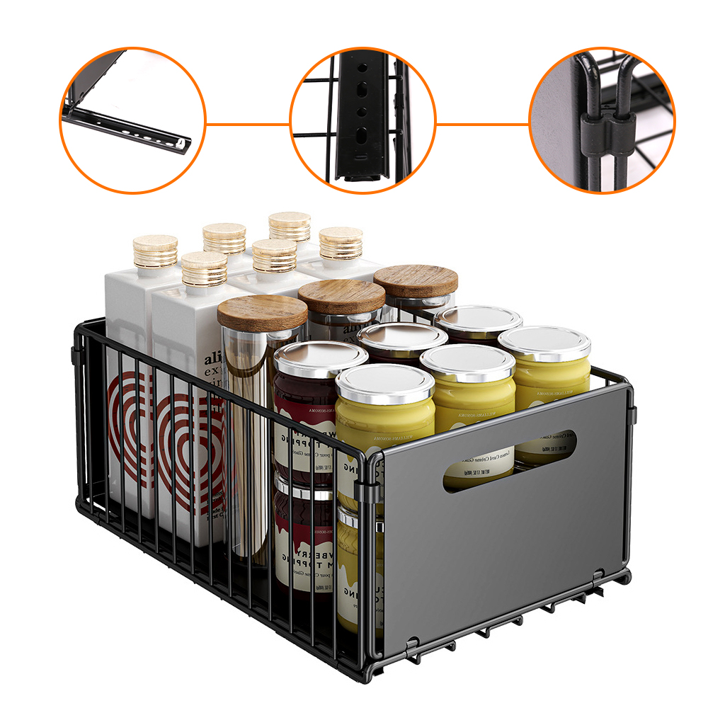 Pull Out Slide Drawer Organizer Tray Cabinet Rack Shelves for Kitchen - Black