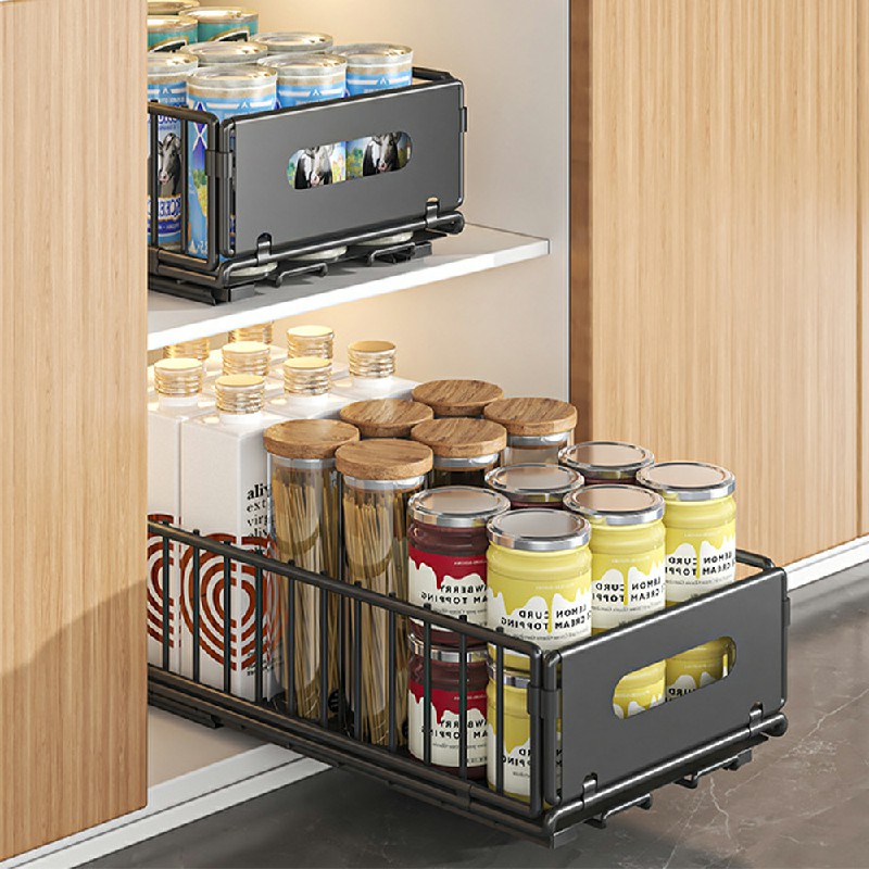 Pull Out Slide Drawer Organizer Tray Cabinet Rack Shelves for Kitchen - Black
