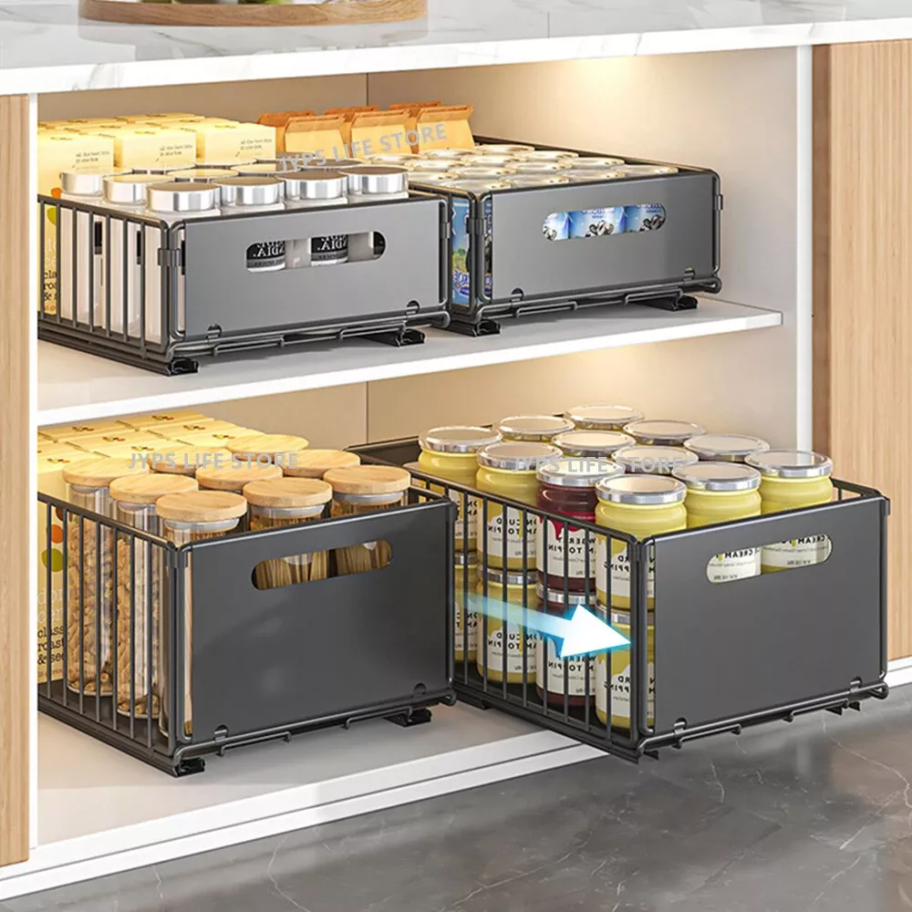 Pull Out Slide Drawer Organizer Tray Cabinet Rack Shelves for Kitchen - Black