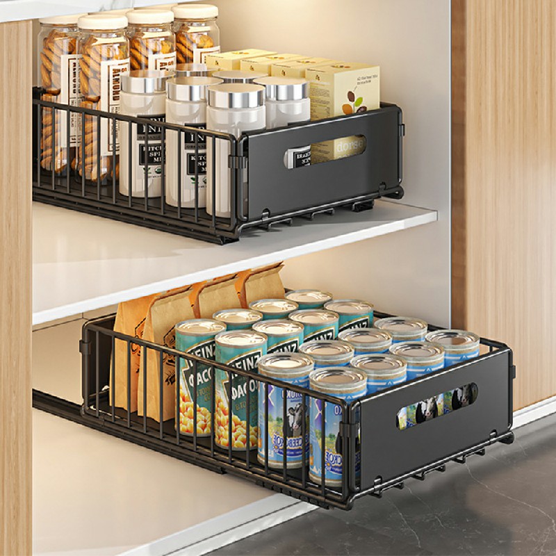 Pull Out Slide Drawer Organizer Tray Cabinet Rack Shelves for Kitchen - Black