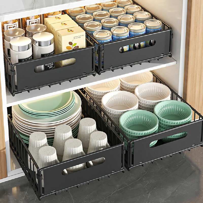 Pull Out Slide Drawer Organizer Tray Cabinet Rack Shelves for Kitchen - Black