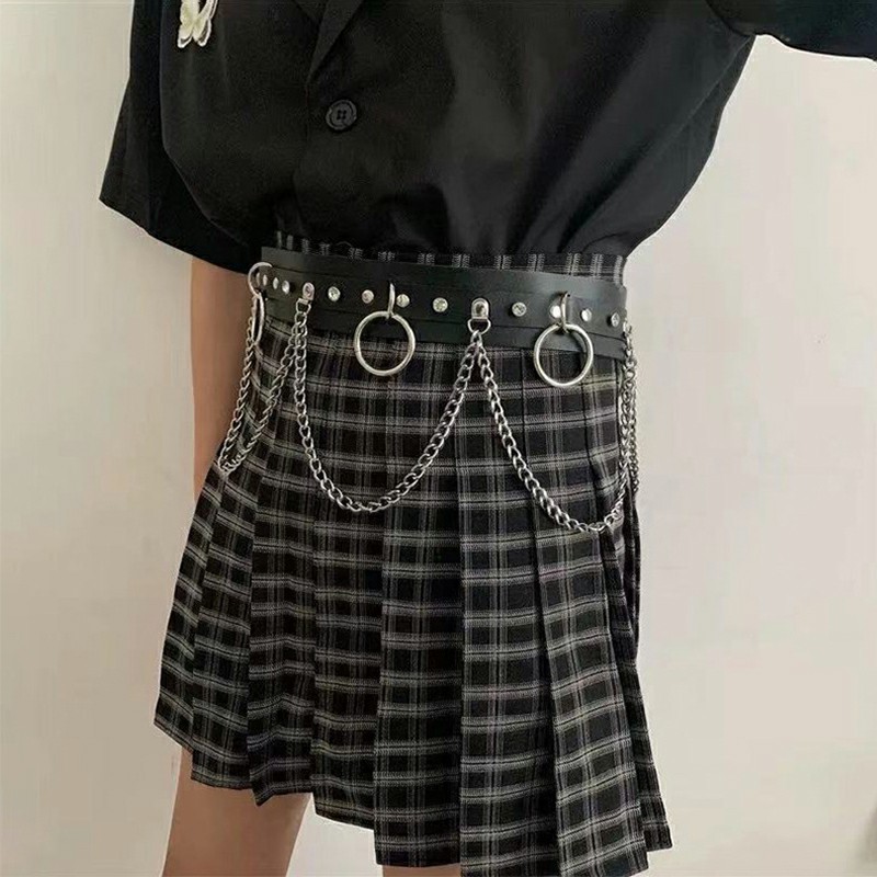 Punk Faux Leather Belt Adjustable Metal Chain Hoop Rings Waist Strap