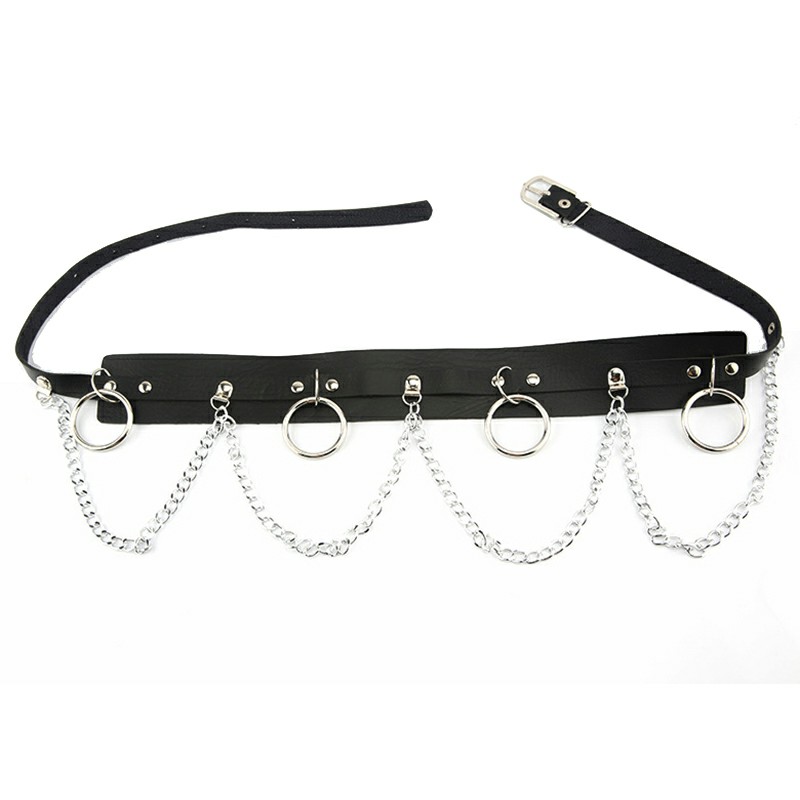 Punk Faux Leather Belt Adjustable Metal Chain Hoop Rings Waist Strap