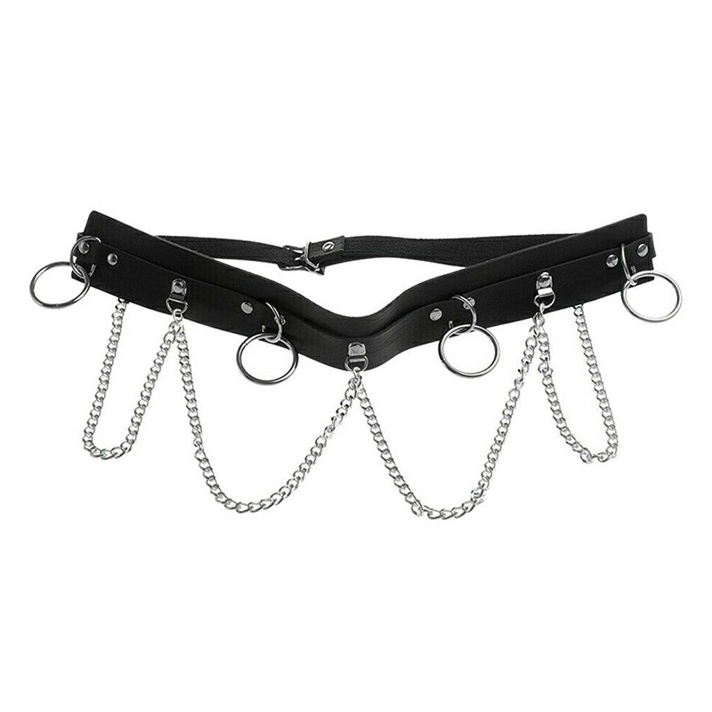 Punk Faux Leather Belt Adjustable Metal Chain Hoop Rings Waist Strap
