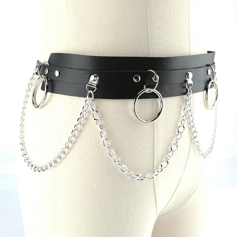 Punk Faux Leather Belt Adjustable Metal Chain Hoop Rings Waist Strap