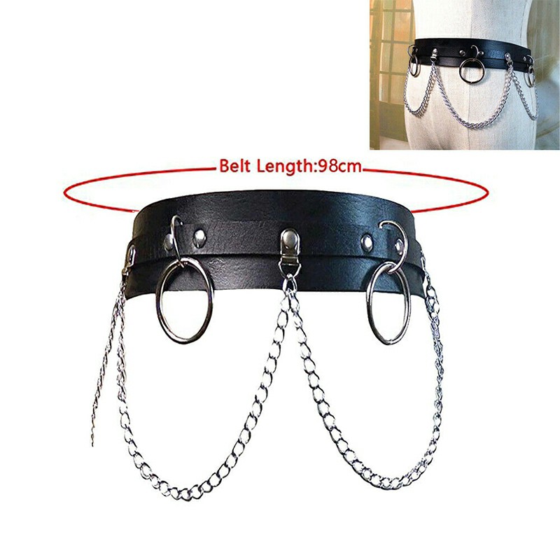 Punk Faux Leather Belt Adjustable Metal Chain Hoop Rings Waist Strap