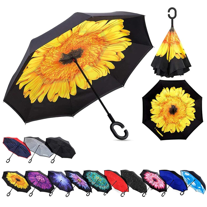 Reverse Inverted Double Layer Umbrella with C Handle Assorted Designs 80cm