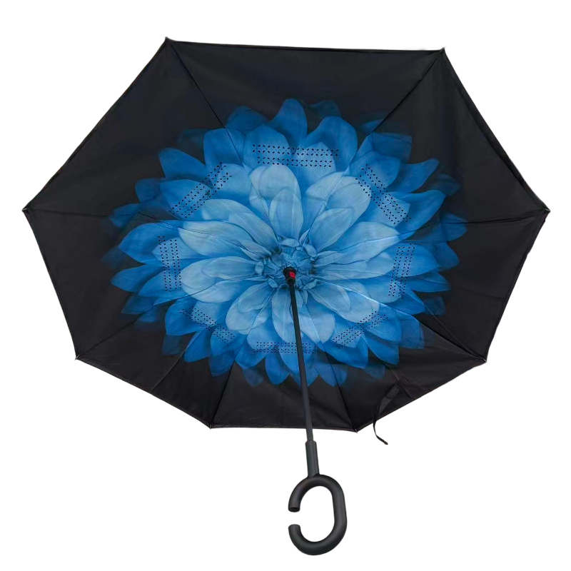 Reverse Inverted Double Layer Umbrella with C Handle Assorted Designs - 80cm