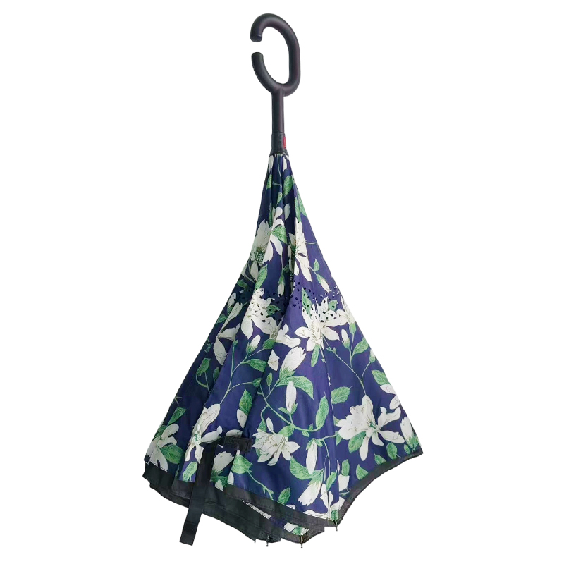 Reverse Inverted Double Layer Umbrella with C Handle Assorted Designs - 80cm