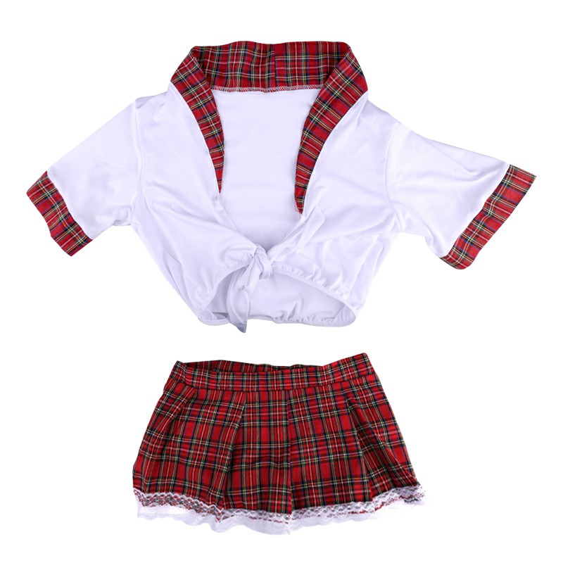 School Girl Red Plaid Skirt and Crop Top Set for Cosplay - XXL