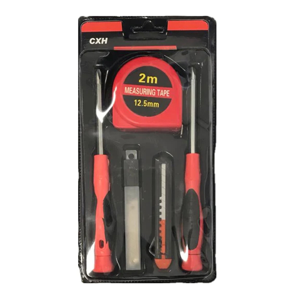 Screwdriver Measuring Tape Stanley Knife DIY Tools Set - Red