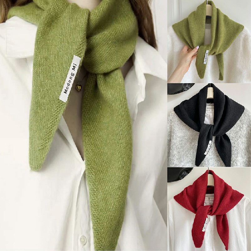 Solid Colour Knitted Triangular Scarf Womens Shawl Warm - Green