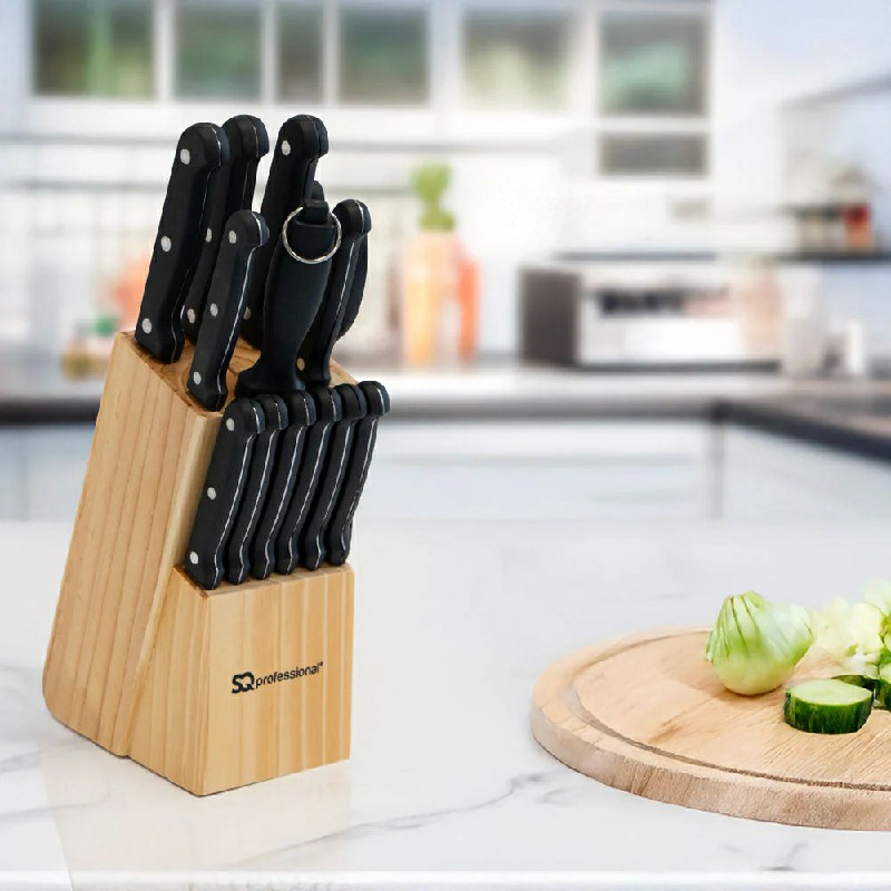 SQ Professional Stainless Steel Knife Set of 14 including Block and Scissors